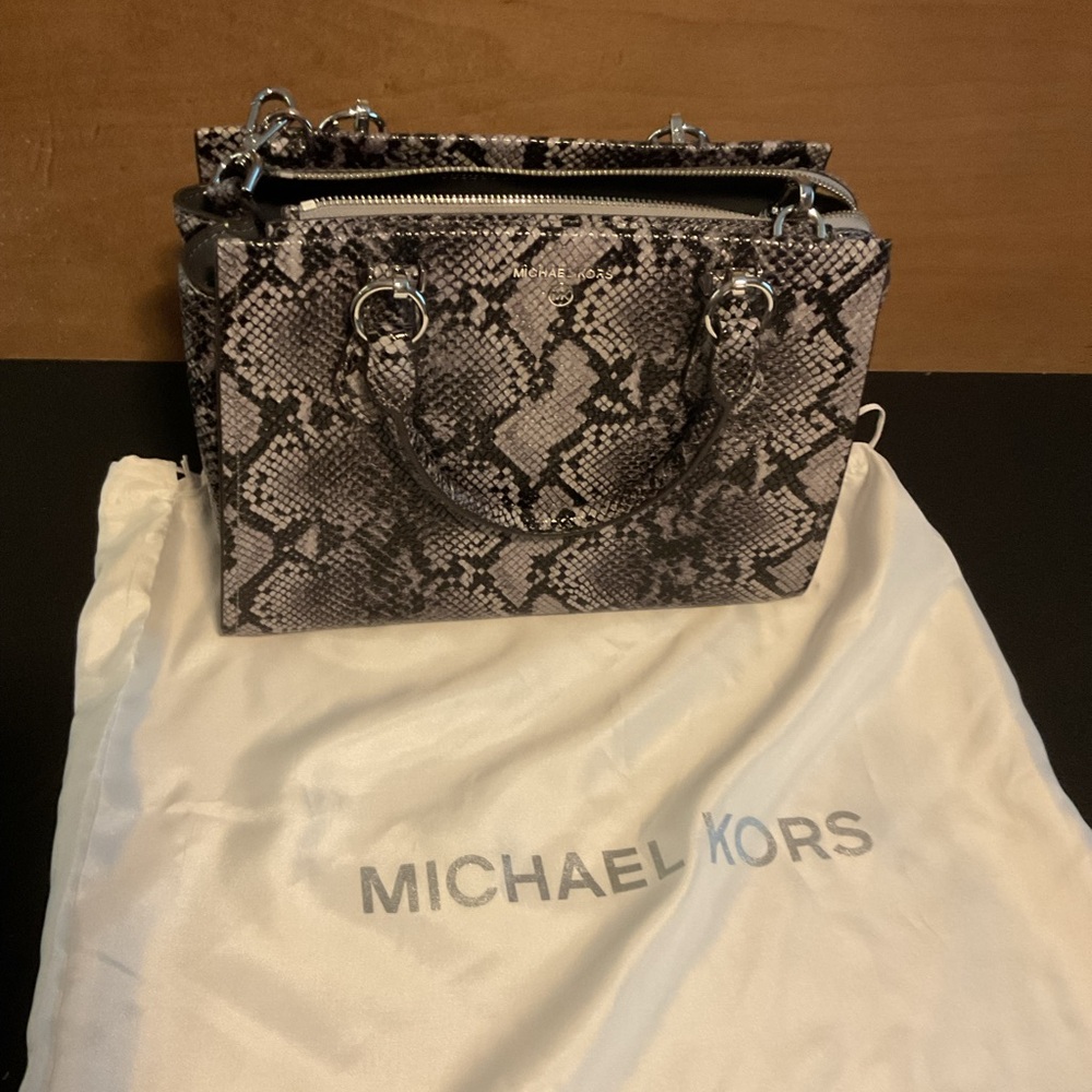 Michael Kors Snake-Print Satchel Handbag - Gray and Black